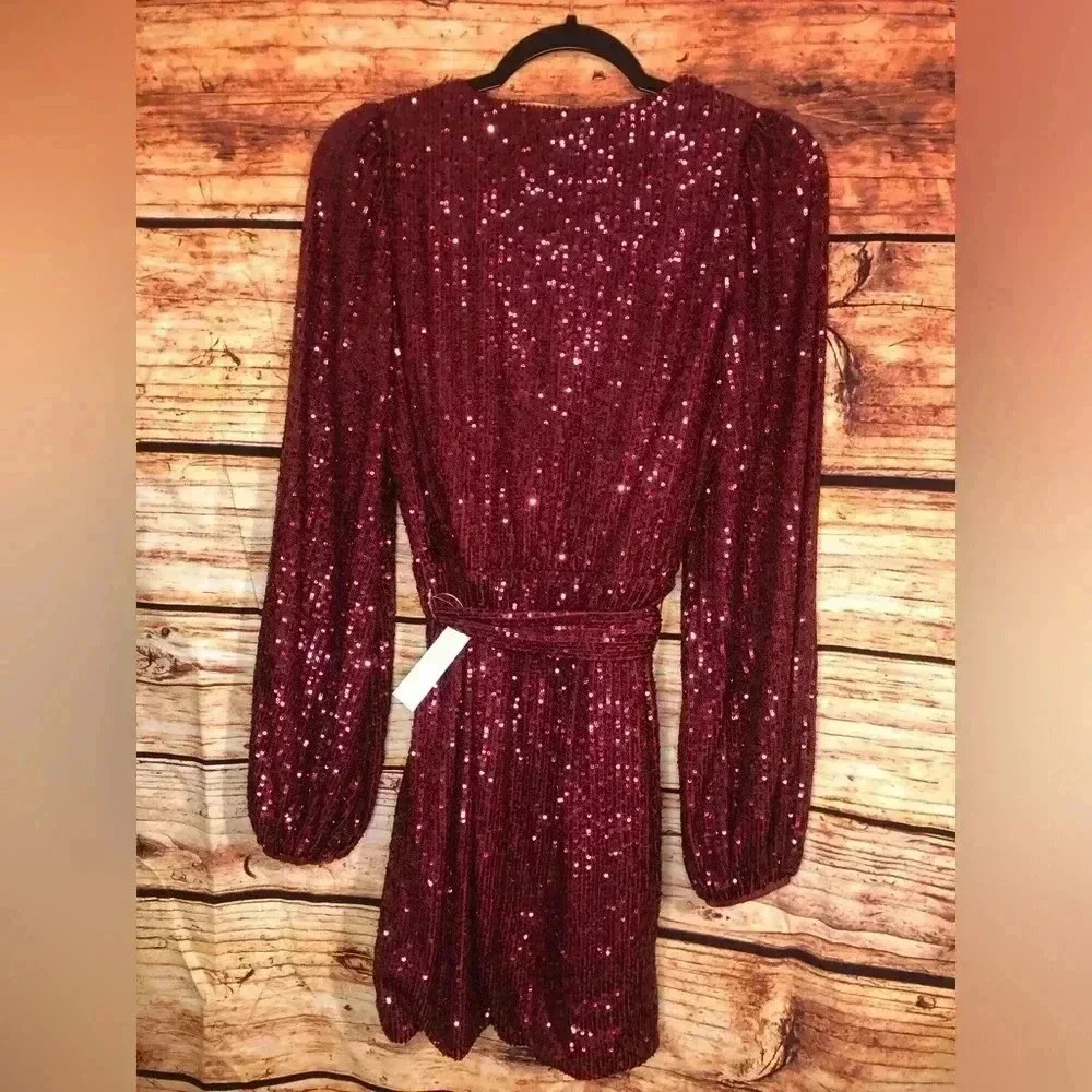 🍒💃🏻Cherry Bomb💃🏻🍒 Red Burgundy Long sleeve Sequin Wrap Dress NWT - Picture 10 of 14